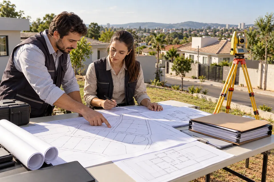 Análise de plantas em área residencial com equipamento de levantamento topográfico