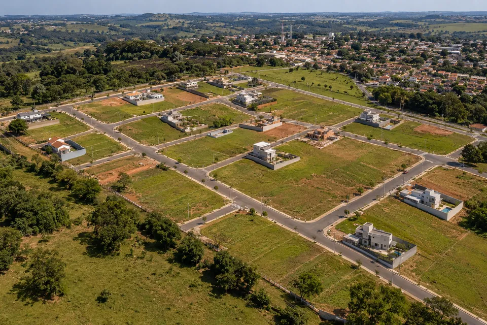 Vista aérea de loteamento com lotes, vias e edificações em diferentes etapas de ocupação